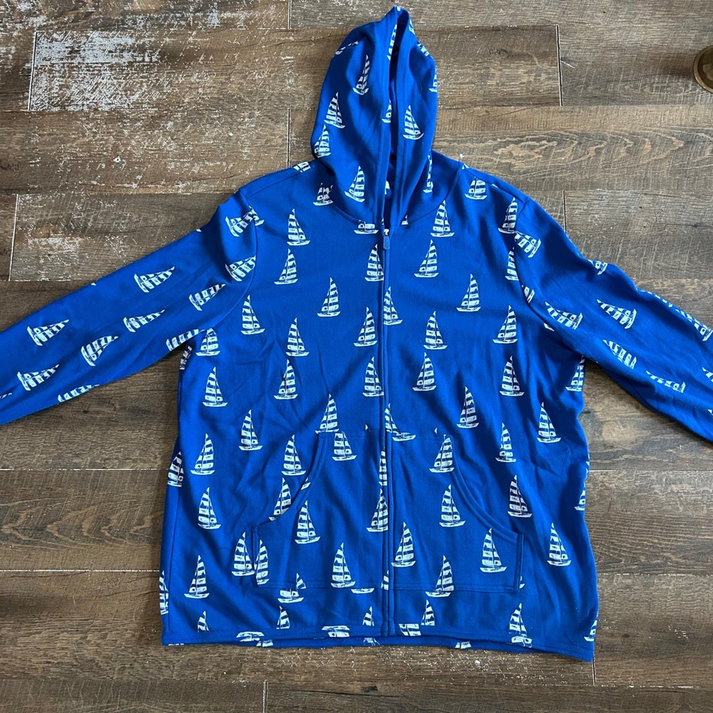 Sun Bay Woman Blue Sailboat Print Zip Up Hoodie Nautical Coastal Plus Size 1X